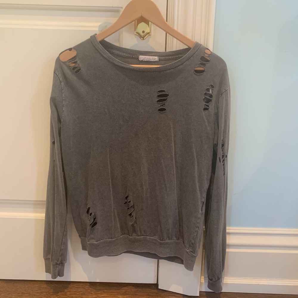 Cut Out Holes Long Sleeve Faded Grey Top
